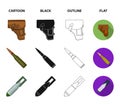 Holster, cartridge, air bomb, pistol. Military and army set collection icons in cartoon,black,outline,flat style vector