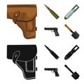 Holster, cartridge, air bomb, pistol. Military and army set collection icons in cartoon,black style vector symbol stock