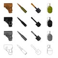 A holster of a pistol, a fighting cartridge, an army shovel, a hand grenade. The military and the army set collection Royalty Free Stock Photo