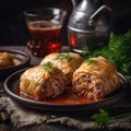 Holubtsi Stuffed Cabbage Rolls On Stone In Rustic Pub Ukrainian Dishes. Generative AI