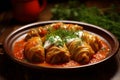 Holubtsi, a traditional Ukrainian dish consisting of neatly arranged stuffed cabbage rolls on a plate