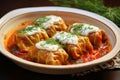 Holubtsi, a traditional Ukrainian dish featuring neatly arranged stuffed cabbage rolls, presented on a plate