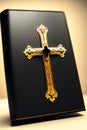 Holy Bible with black leather cover with golden metallic cross design. Royalty Free Stock Photo