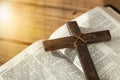 Holy Bible book and cross, close-up view Royalty Free Stock Photo