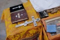 Holy Bible book and gospel near crucifix on the table in Orthodox church Royalty Free Stock Photo