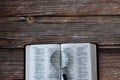 Holy Bible Book and magnifying glass on wooden background with copy space, top table view Royalty Free Stock Photo