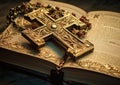 Holy Bible with golden cross. Religion and Christianity concept. Generative Ai Royalty Free Stock Photo
