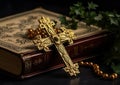 Holy Bible with golden cross. Religion and Christianity concept. Generative Ai Royalty Free Stock Photo