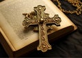 Holy Bible with golden cross. Religion and Christianity concept. Generative Ai Royalty Free Stock Photo