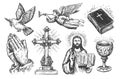 Holy Bible, hands folded in prayer, angel sketch. Religion symbols set. Collection of vintage illustrations