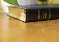 Holy bible lying on wooden table beside plant, golden glow background, Christian concept
