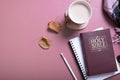 Holy Bible, note and autumn leaves with plaid and Cup of Coffee top view. Holy Bible study concept Royalty Free Stock Photo