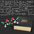 Holy bible book and chemistry form on dark Royalty Free Stock Photo