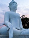 Holy Big White Buddha Statue With Varada Mudra Blessing Hand In The Garden Of Buddhist Temple