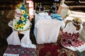 Holy Bread and wedding loaf. Wedding crowns in church ready for marriage ceremony. close up. crown, bowl in the church on table