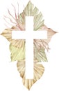 Holy Christ Cross. Watercolor illustration of a cross decorated with tropical palm leaves.