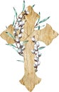 Holy Christ Cross. Watercolor illustration of wooden carved cross with pussy willow branches