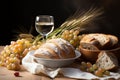 Holy Communion. A chalice of wine, bread, grapes and ears of wheat