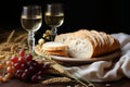 Holy Communion. A chalice of wine, bread, grapes and ears of wheat