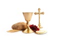 Holy Communion. A chalice of wine, bread, grapes and ears of wheat. Easter service, Royalty Free Stock Photo