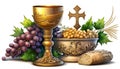 Holy Communion. A chalice of wine, bread, grapes and ears of wheat on white. Generative AI Royalty Free Stock Photo