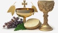 Holy Communion. A chalice of wine, bread, grapes and ears of wheat on white. Generative AI Royalty Free Stock Photo