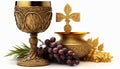 Holy Communion. A chalice of wine, bread, grapes and ears of wheat on white. Generative AI Royalty Free Stock Photo