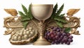 Holy Communion. A chalice of wine, bread, grapes and ears of wheat on white. Generative AI Royalty Free Stock Photo