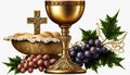 Holy Communion. A chalice of wine, bread, grapes and ears of wheat on white. Generative AI Royalty Free Stock Photo