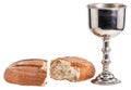 Holy communion chalice with wine and bread isolated on white background