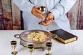 Holy communion cup of glass with red wine, bread Bible prayer for wine and Holy Bible