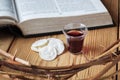 Holy Communion, a Cup of Wine and Bread with a Jesus Crown Thorn and Holy Bible Royalty Free Stock Photo