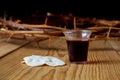 Holy Communion, a Cup of Wine and Bread with a Jesus Crown Thorn and Holy Bible Royalty Free Stock Photo