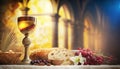 Holy communion on table on church.The Feast of Corpus Christi Concept, Religious Background