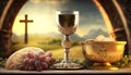 Holy communion on table on church.The Feast of Corpus Christi Concept, Religious Background