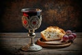 Holy Communion with Wine Chalice and Bread on a Wooden Table - Ai Generative