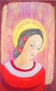 The Virgin Mary - an icon on a painting canvas on an abstract red background with a halo and name.
