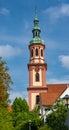 Holy Cross Church spire 1700, the main catholic chuch of Offenburg.Baden Wuerttemberg, Germany, Europe Royalty Free Stock Photo