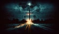 Holy cross by the road, illuminated at night, with the star Royalty Free Stock Photo