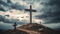 Holy cross under dramatic sky on Golgotha hill, representing the crucifixion and resurrection of Jesus