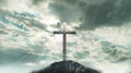 Holy cross under dramatic sky on Golgotha hill, representing the crucifixion and resurrection of Jesus