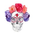 Holy Death. A watercolor illustration for the day of the dead. Sugar skull with flowers.