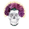 Holy Death. A watercolor illustration for the day of the dead. Sugar skull with flowers.