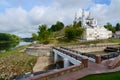 Holy Dormition Cathedral above shallowed Western Dvina Royalty Free Stock Photo