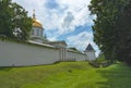 The city of Pechora. Russia. The wall and the Cathedral of St. Michael the Archangel in the Holy Dormition Pskov-Pechersk Monaster