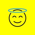 Holy emoticon with halo on head. Angel emoji isolated on yellow background. Vector illustration EPS 10