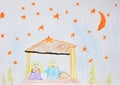 Holy family Mary, Joseph and Jesus. Christmas religious nativity scene. Children`s drawing