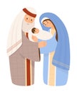 Holy Family. Merry Christmas card. Virgin Mary, saint old man Joseph and baby Jesus Christ. Birth of Savior. Vector Royalty Free Stock Photo