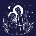 Holy Family Virgin Mary, old man Joseph and baby Jesus. Nativity of Jesus Christ. Vector illustration. white Linear Royalty Free Stock Photo