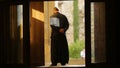 Holy father monk meeting the parishioners in church entrance, religious service